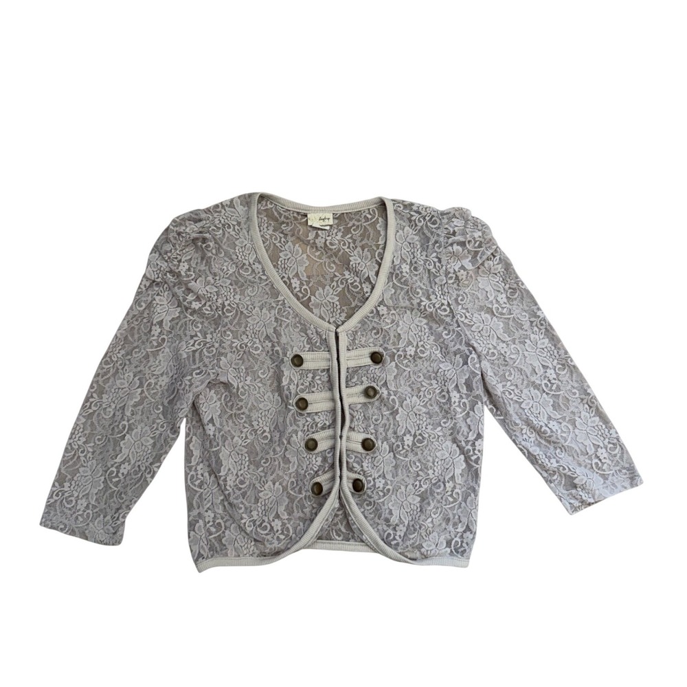 Cream Floral Lace Cropped Cardigan Military Button XL Indie Sleaze Boho grunge